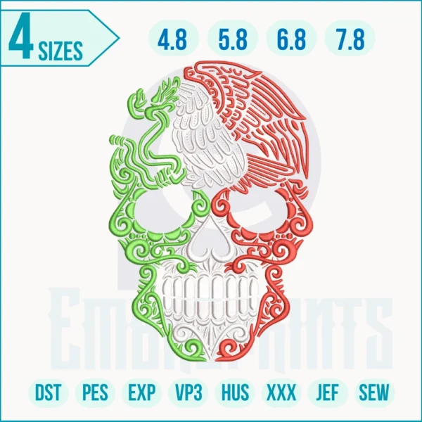 Mexican skull machine embroidery design, skull machine embroidery file, Mexican Sugar Skull