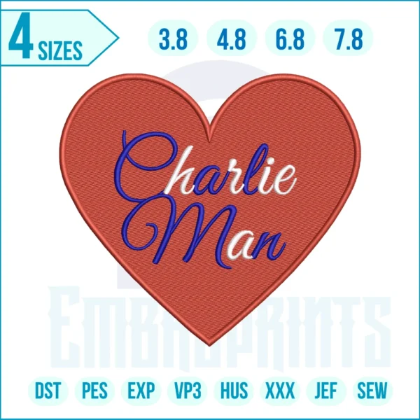 Name Charlie in heart Embroidery Design