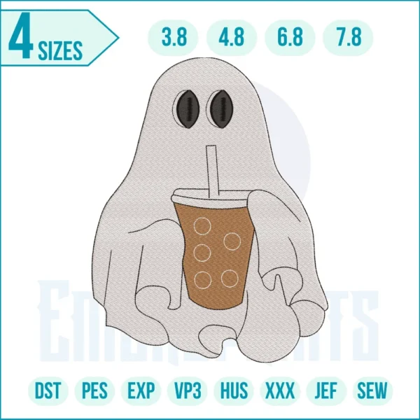 Little Ghost with Ice Coffee Embroidery Design