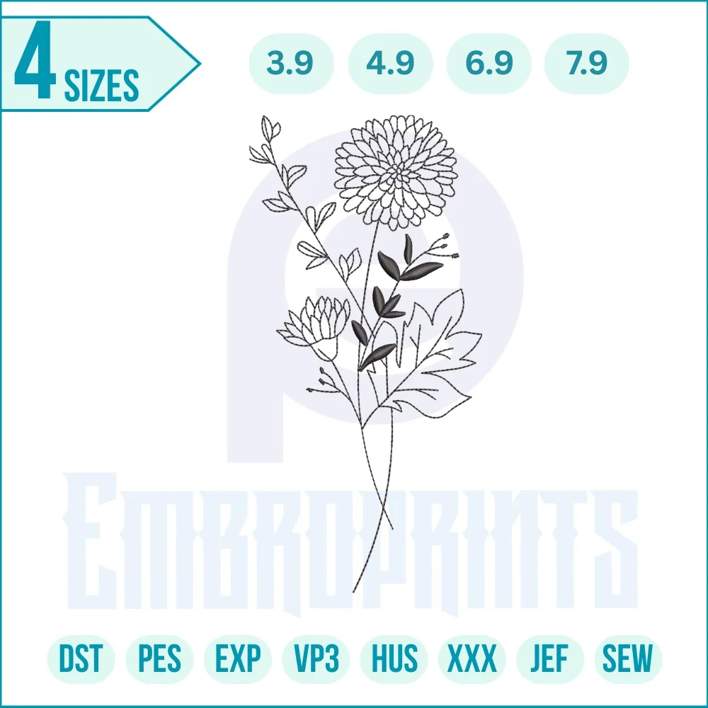 1127 Line art floral embroidery design Line art floral embroidery design featuring delicate line art of a flower, perfect for clothing, bags, and home décor embroidery projects.