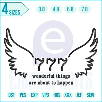 777 Angel Number with Wings Embroidery Design