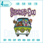 Halloween Scooby Doo embroidery design – digital file featuring the spooky cartoon dog for kids’ clothing, bags, costumes, and festive décor.