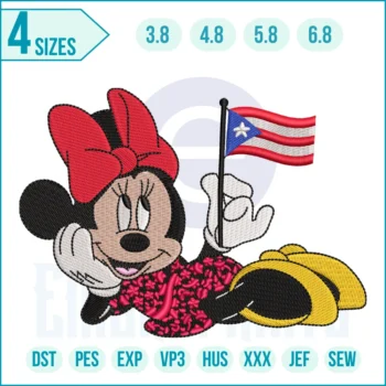 Minnie Mouse embroidery design with classic bow on fabric, Colorful Minnie Mouse embroidery pattern stitched on cloth, Cute Minnie Mouse machine embroidery design for kids’ apparel