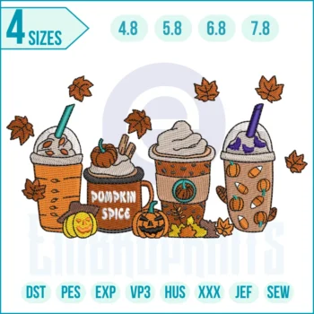 "Halloween 4 coffees embroidery design with spooky coffee cups, festive machine embroidery pattern for apparel, bags, and kitchen décor"