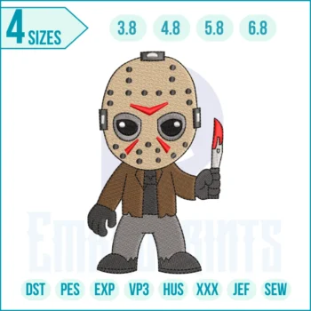 "Halloween Chibi Jason embroidery design, cute horror movie character machine embroidery pattern for spooky outfits and décor"
