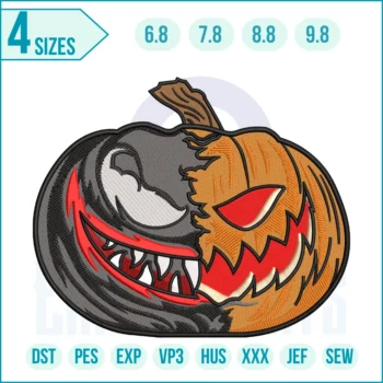 "Halloween pumpkin head embroidery design with scary jack-o’-lantern face, spooky machine embroidery pattern for costumes and décor"