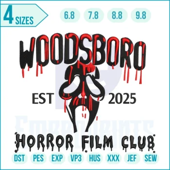 Woodsboro Halloween embroidery design featuring spooky horror-inspired details, perfect for Halloween projects and decorations.
