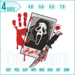 Ghost Face Call Me embroidery design featuring a spooky horror-inspired motif, perfect for Halloween projects, clothing, and accessories.