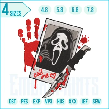 Ghost Face Call Me embroidery design featuring a spooky horror-inspired motif, perfect for Halloween projects, clothing, and accessories.