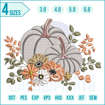 White floral pumpkin embroidery design for fall, Thanksgiving, and farmhouse décor projects.