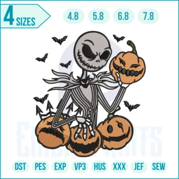Jack Skellington pumpkin embroidery design for Halloween clothing, costumes, and spooky décor.
