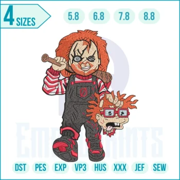 Chucky Doodle Halloween embroidery design featuring a spooky cartoon-style Chucky character, perfect for Halloween outfits, decorations, and festive projects.