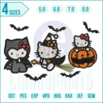 Halloween Three Hello Kitty embroidery design featuring cute Hello Kitty characters in festive spooky outfits, ideal for Halloween stitching projects.