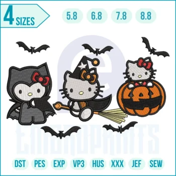 Halloween Three Hello Kitty embroidery design featuring cute Hello Kitty characters in festive spooky outfits, ideal for Halloween stitching projects.