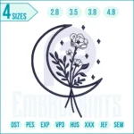 Moon flower embroidery design featuring a crescent moon decorated with delicate flowers, ideal for boho, mystical, and nature-inspired projects.