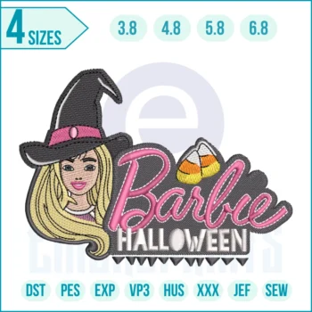 Barbie Halloween embroidery design digital file for spooky cute projects, festive outfits, trick-or-treat bags, and party décor – instant download.