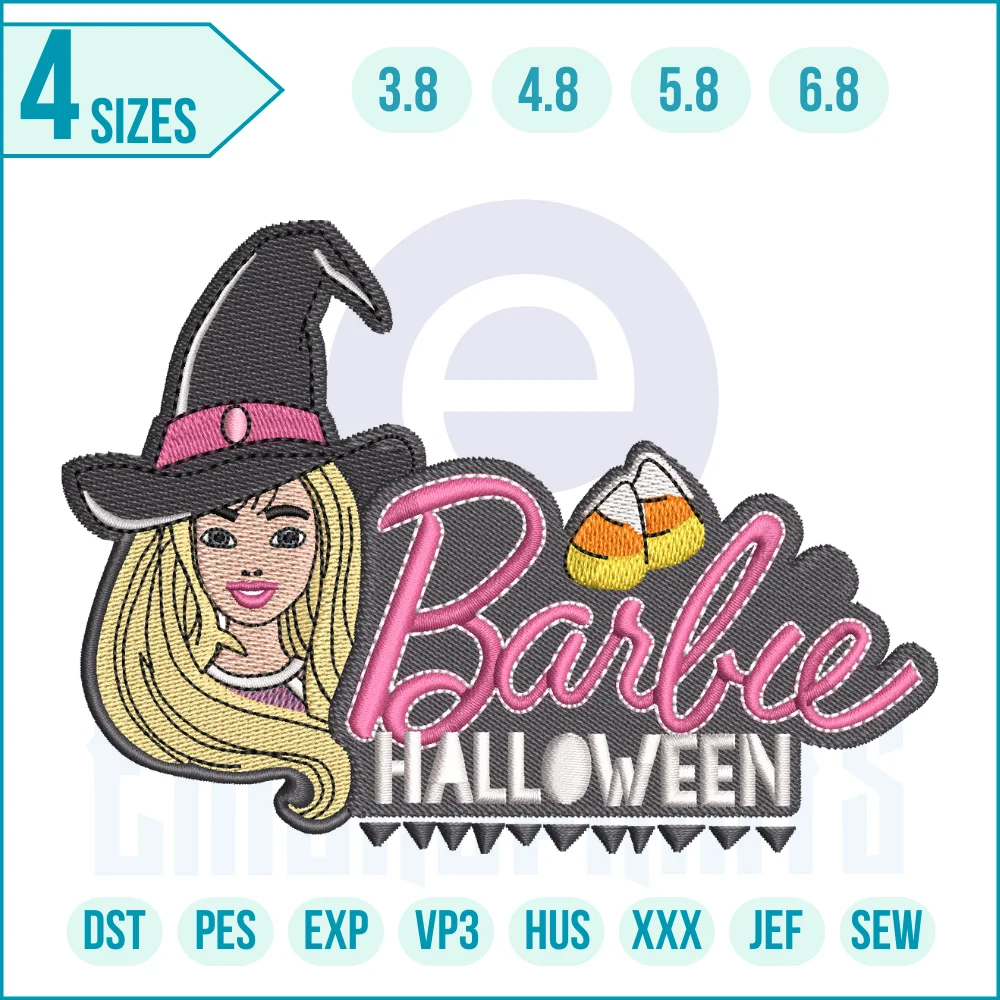 342 d E Barbie Halloween embroidery design Barbie Halloween embroidery design digital file for spooky cute projects, festive outfits, trick-or-treat bags, and party décor – instant download.