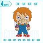 Halloween Chucky embroidery design – digital horror file featuring the creepy doll from Child’s Play for jackets, hoodies, bags, and spooky décor.