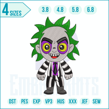 Halloween Beetlejuice embroidery design – digital file inspired by the spooky Tim Burton character for jackets, costumes, bags, and festive décor.
