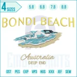 Bondi Beach embroidery design – coastal Australia digital embroidery file with ocean waves and beach scene for summer clothing, bags, and décor.