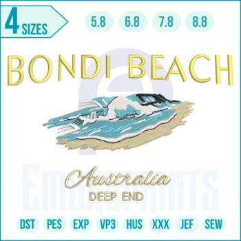 Bondi Beach embroidery design – coastal Australia digital embroidery file with ocean waves and beach scene for summer clothing, bags, and décor.
