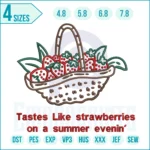 Strawberry basket embroidery design – rustic digital file featuring a basket of ripe strawberries for kitchen décor, tote bags, aprons, and farmhouse projects.