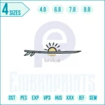 Sun and surfer embroidery design featuring a surfer riding waves under a bright sun, perfect for beach and summer-themed projects.