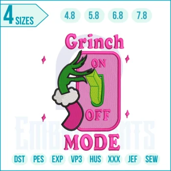 Grinch On Off Mood embroidery design digital file for Christmas projects, funny holiday apparel, gifts, and festive décor – instant download.