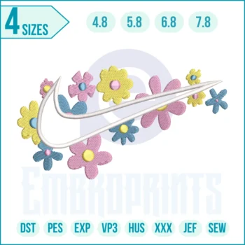 Floral swoosh Nike embroidery design featuring the classic swoosh logo decorated with elegant flowers, ideal for trendy fashion embroidery projects.