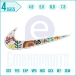 Flower Nike embroidery design with the iconic swoosh logo decorated with floral elements, perfect for trendy and stylish fashion projects.