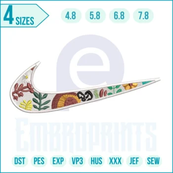 Flower Nike embroidery design with the iconic swoosh logo decorated with floral elements, perfect for trendy and stylish fashion projects.