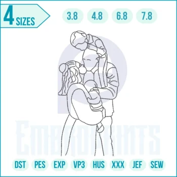 Minimalist kiss couple outline embroidery design showing a romantic couple in a kissing pose, ideal for Valentine’s gifts, weddings, and clothing projects.