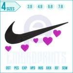 Nike swoosh love embroidery design featuring the classic swoosh combined with a heart shape, perfect for clothing, bags, and accessories.
