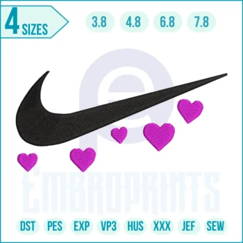 Nike swoosh love embroidery design featuring the classic swoosh combined with a heart shape, perfect for clothing, bags, and accessories.