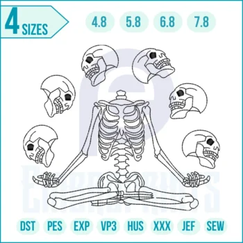 Skeleton juggling embroidery design digital file for Halloween, gothic fashion, and spooky circus décor – instant download pattern.