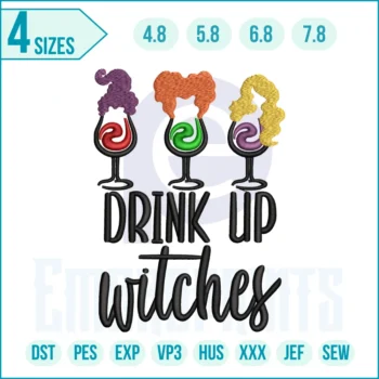 Drink Up Witches embroidery design digital file for Halloween projects, witchy apparel, and spooky party décor – instant download pattern.