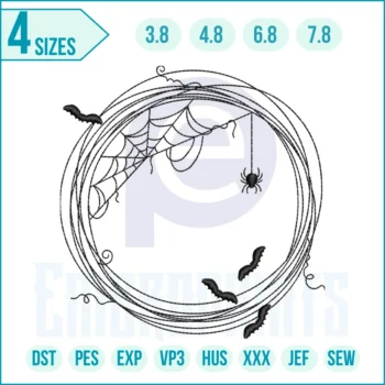 "Halloween Spider Nest embroidery design with spooky spider web, machine embroidery pattern for costumes, bags, and festive décor"