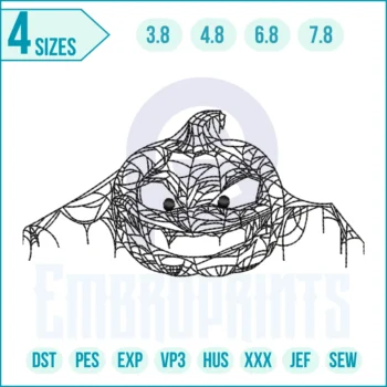 "Halloween pumpkin embroidery design with jack-o’-lantern face, spooky machine embroidery pattern for festive projects"