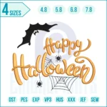 Happy Halloween Embroidery Design with pumpkins, ghosts, and witches – digital file for machine embroidery on shirts, bags, and home décor.