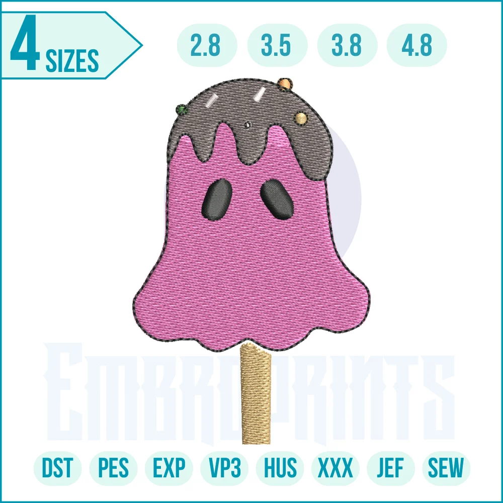 931 E Spooky ice cream embroidery design Ghost ice cream embroidery design – spooky cute Halloween embroidery file featuring a ghost with an ice cream cone for clothing, bags, and décor.