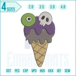 Ice cream cone with skeleton design embroidery, spooky and fun Halloween embroidery pattern for clothing, bags, and DIY projects.