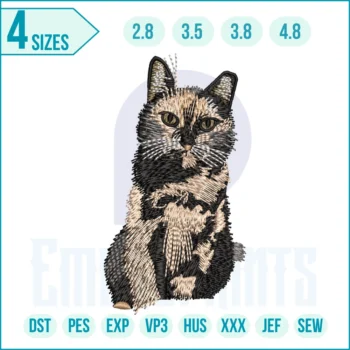 Sitting cat embroidery design featuring a cute cat in a seated pose, perfect for clothing, tote bags, and home décor projects.