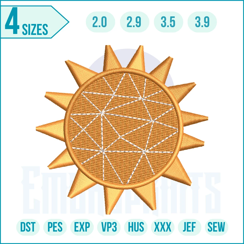 1258 E Bright sun embroidery design “Bright Sun embroidery design with a radiant cheerful sun, perfect for clothes, quilts, bags, and sunny-themed décor projects.”