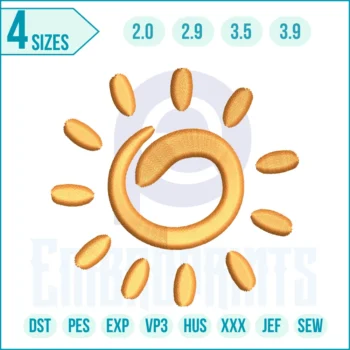 “Cheerful Sun embroidery design with smiling radiant sun, perfect for clothes, quilts, bags, and sunny-themed projects.”