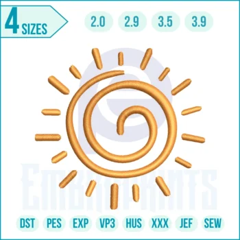 “Sun Rings embroidery design with concentric circular sun and radiant rays, perfect for clothes, quilts, bags, and boho-themed projects.”