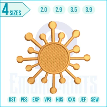 “Sun Virus Sign embroidery design with bold sun rays and virus-inspired shape, ideal for clothes, patches, bags, and creative projects.”