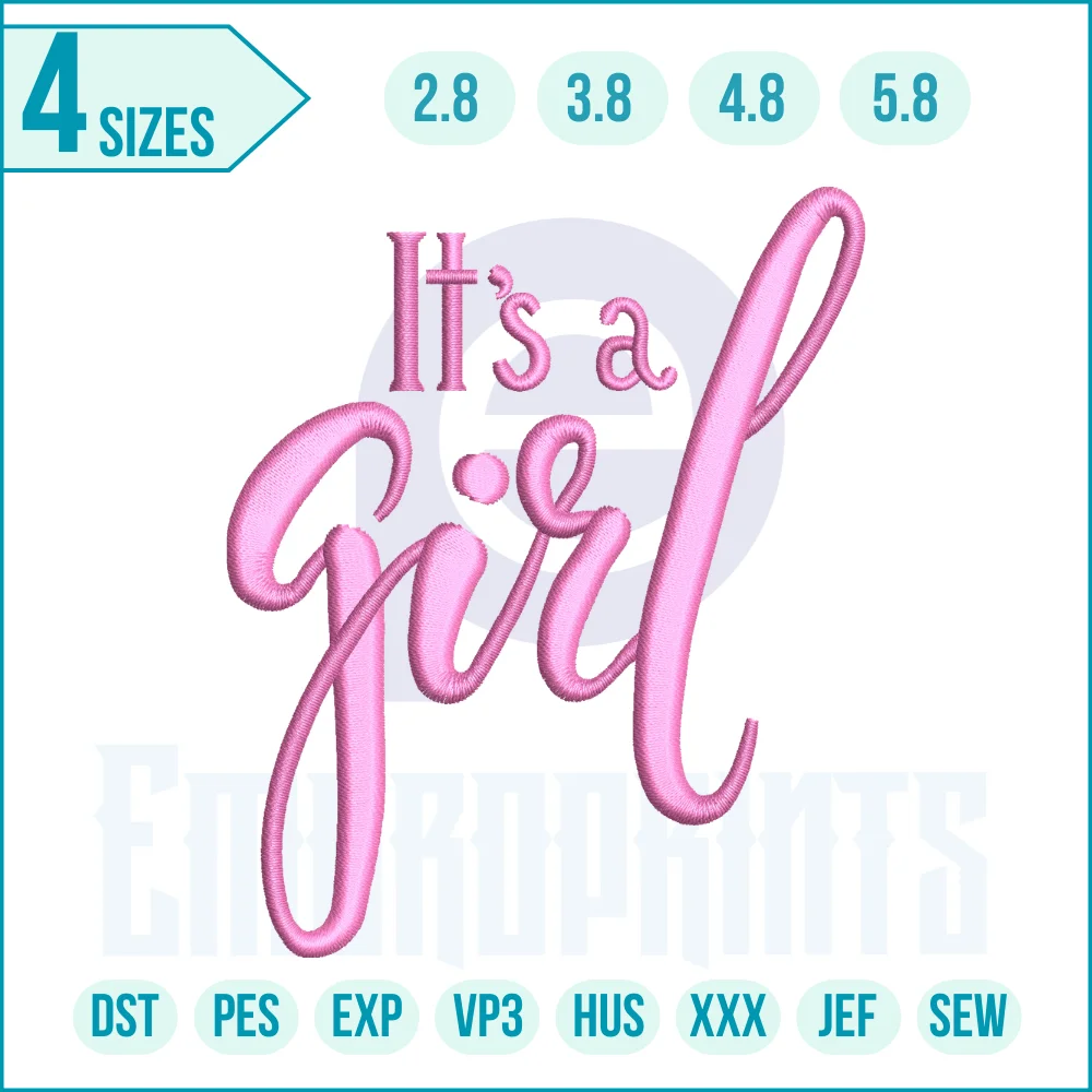 960 E It’s a girl embroidery design “It’s a Girl embroidery design for machine embroidery, perfect for baby clothes, blankets, bibs, nursery décor, baby showers, and newborn gifts.”