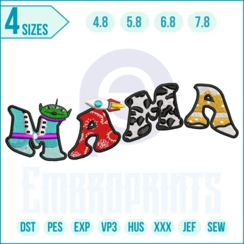 Word Mama embroidery design with simple, modern lettering for mothers, perfect for shirts, bags, and gifts.