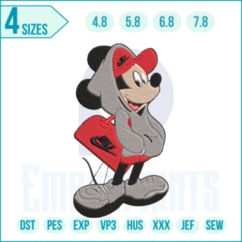 Mickey Nike embroidery design featuring Mickey Mouse with the Nike swoosh logo, perfect for shirts, hoodies, and accessories.