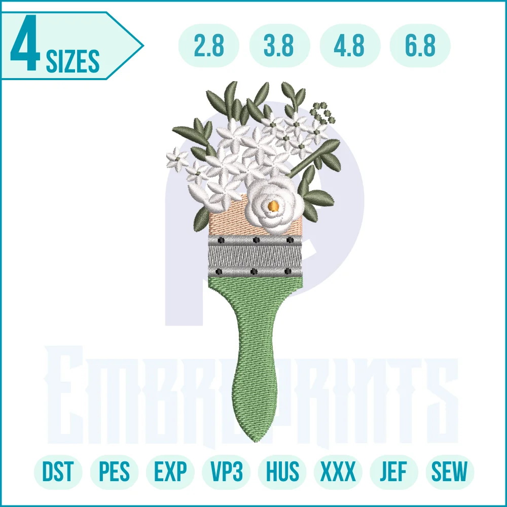 1254 E Floral paint brush embroidery design Floral paint brush embroidery design featuring a paintbrush with blooming flowers, perfect for shirts, tote bags, aprons, and artist-themed projects.